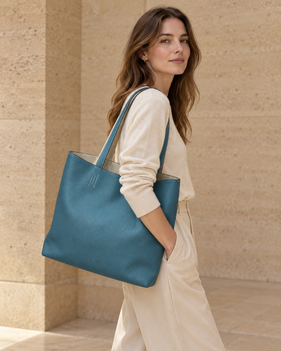 Tote Estelle Turquesa Reversible, vista frontal del reverso en tono claro.