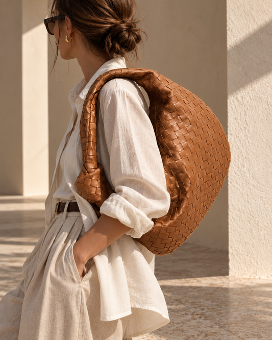 Modelo llevando el bolso Siena Camel de cuero entrelazado, estilo Peregrina Atelier