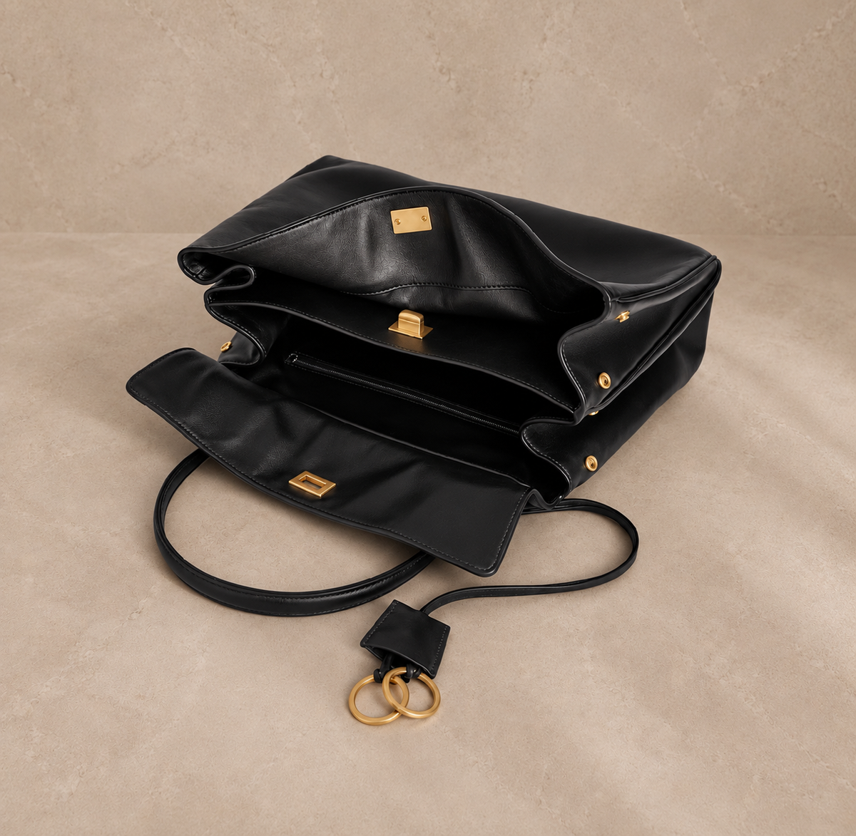 Camille Negro con herrajes dorado opaco, vista lateral de la cartera de cuero