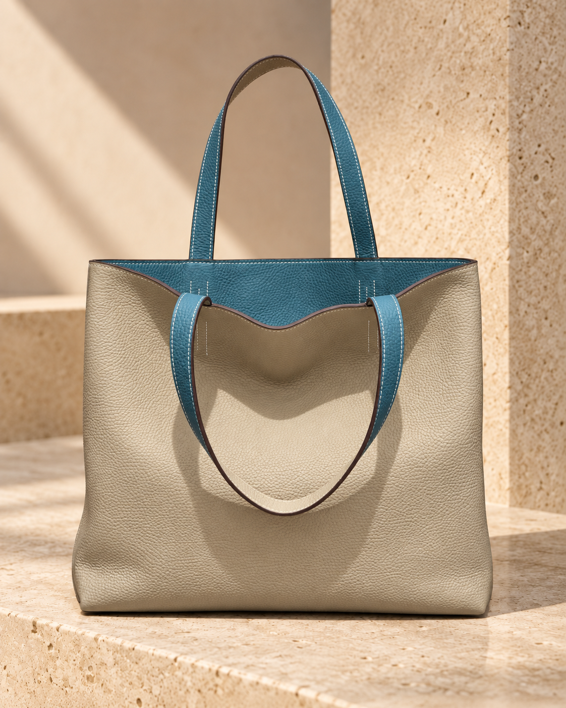 Mujer con el tote Estelle Turquesa Reversible al hombro, con el lado turquesa hacia afuera.