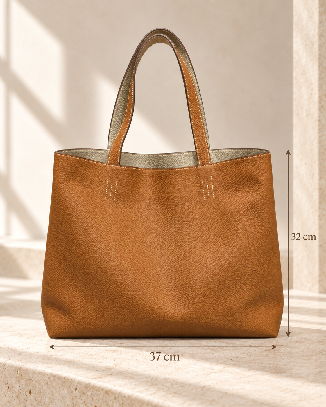 Estelle Camel Reversible, detalle de asas y costuras en contraste