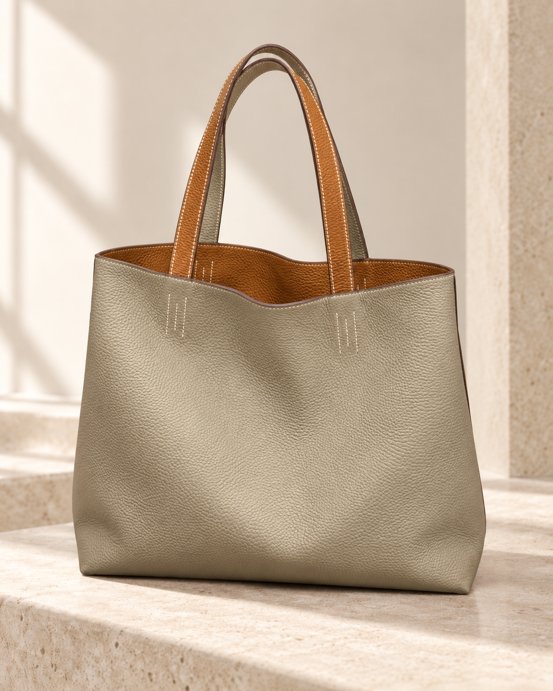 Estelle Camel Reversible, tote de cuero con diseño reversible de Peregrina Atelier