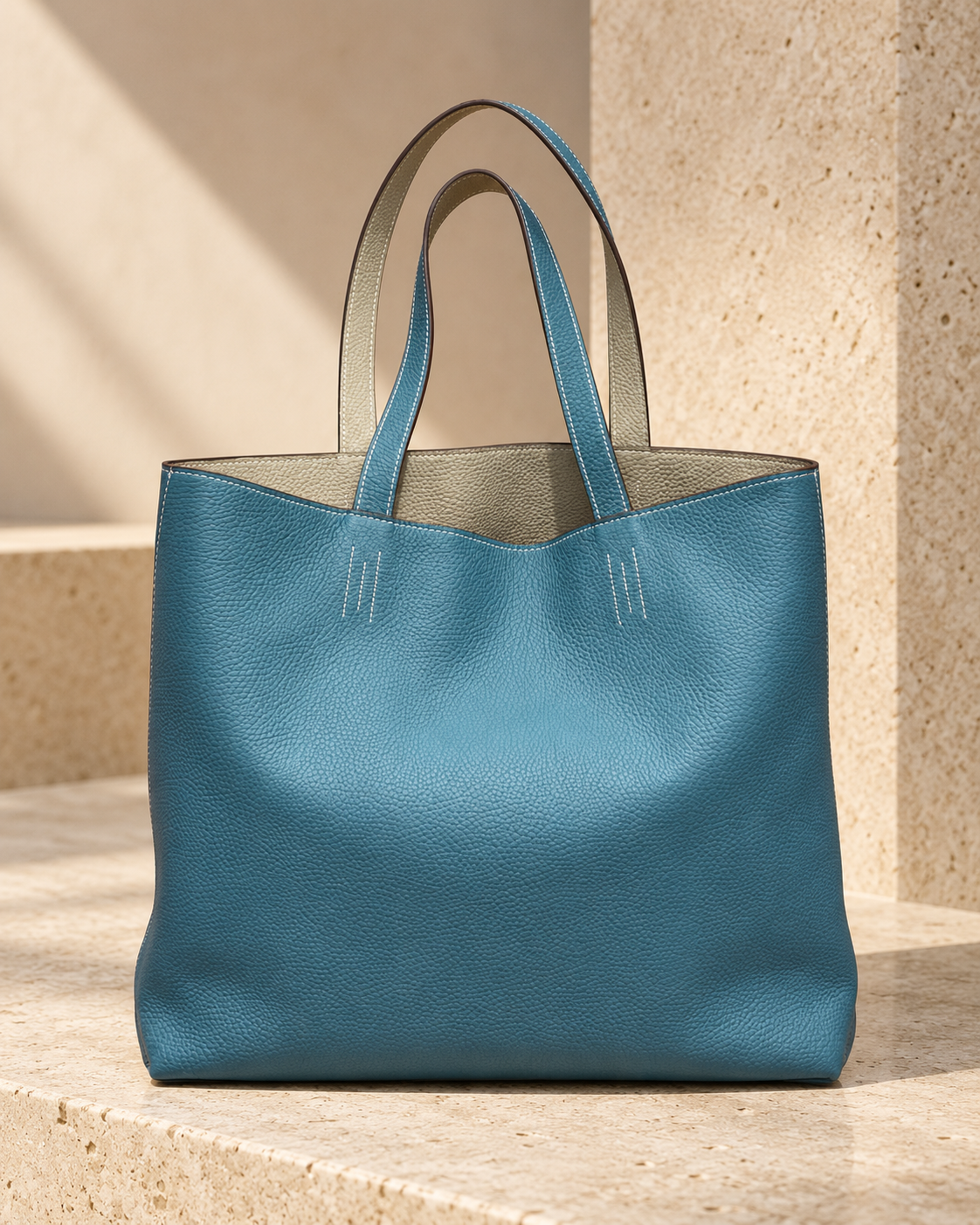Tote Estelle Turquesa Reversible de cuero de grano entero, vista frontal del lado turquesa.