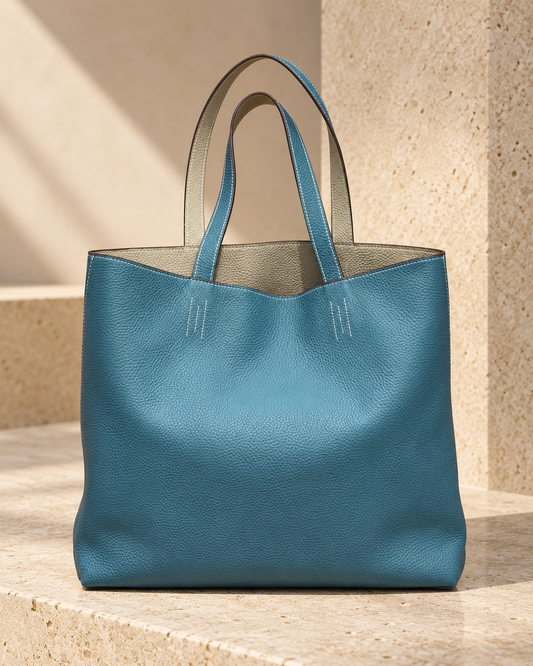 Tote Estelle Turquesa Reversible de cuero de grano entero, vista frontal del lado turquesa.