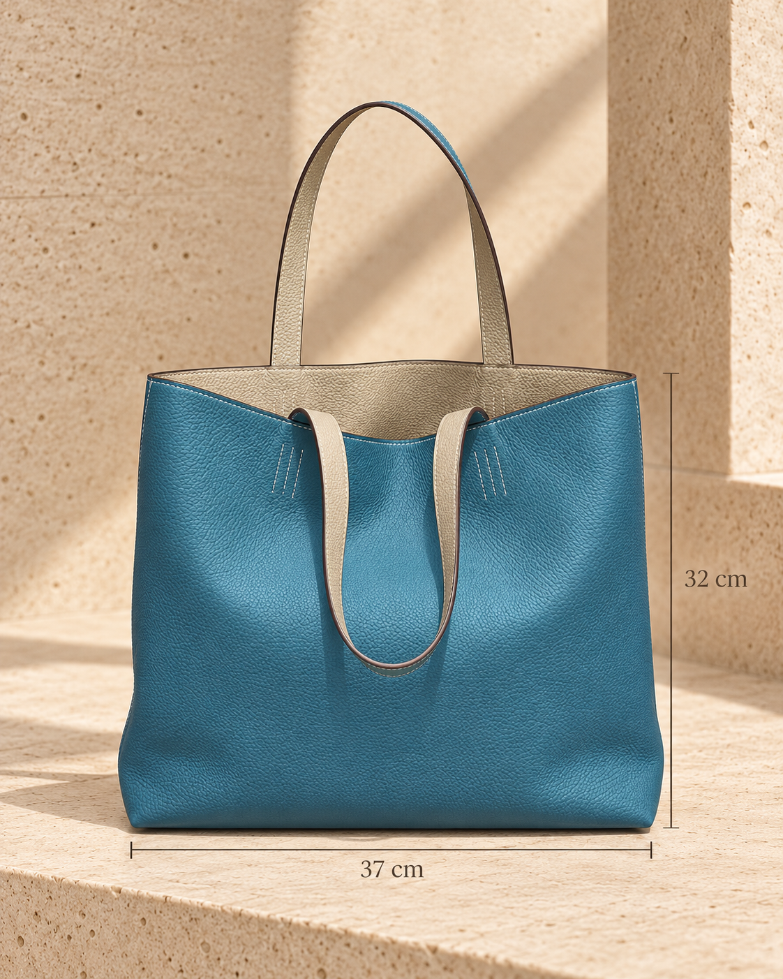 Tote Estelle Turquesa Reversible: 37 cm de ancho y 32 cm de alto del cuerpo, sin incluir las asas.